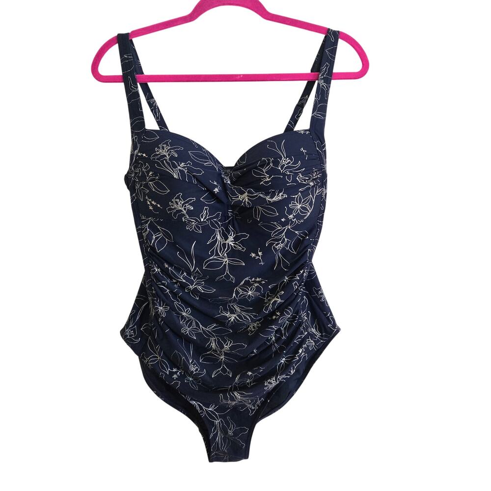 Niptuck Swim Navy Floral Ruched One Piece Swimsuit Women’s 10